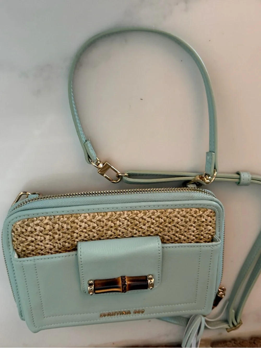 Spartina 449 Mint Green Straw-Trim Crossbody Wallet Bag